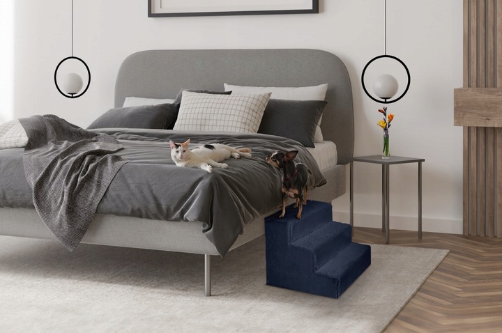 Schodki dla psa 3-stopnie tapicerowane granatowe podest dla psa do kanapy