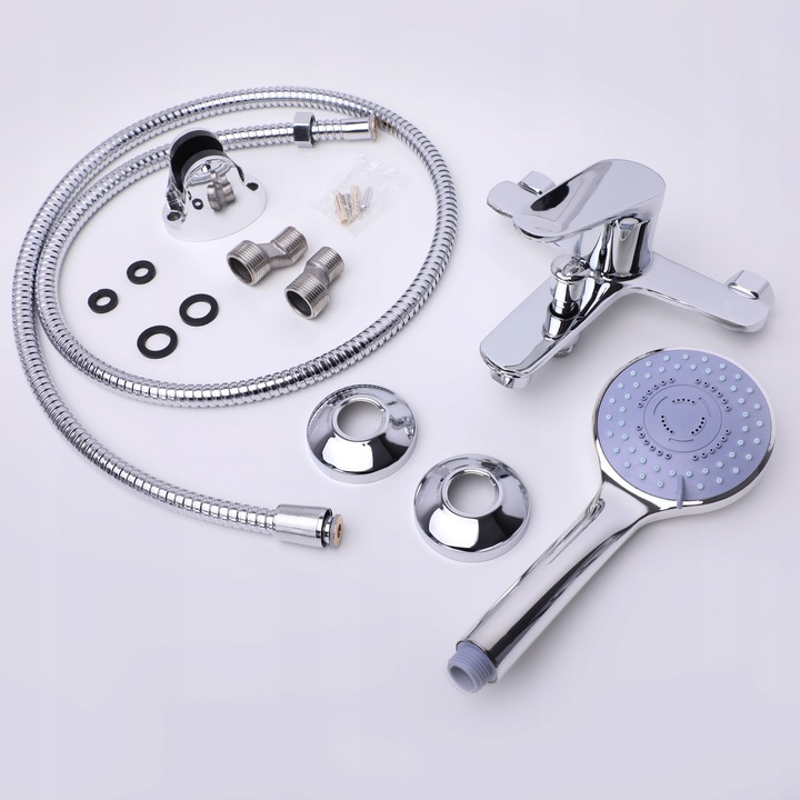 Bateria wannowa ścienna z prysznicem i wężem chrom srebrna kran YOKA