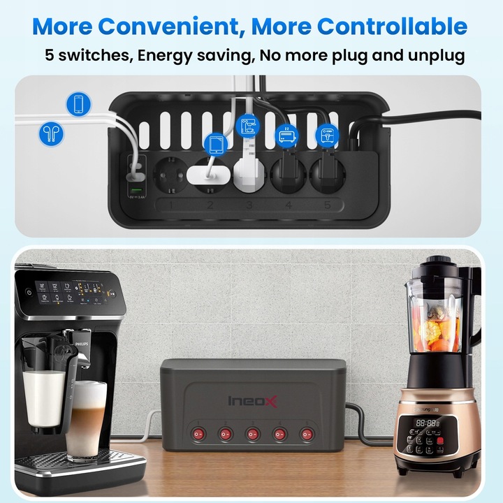 Listwa Zasilająca Organizer Na Przewody 5x AC + 4x USB Ineox LZO-1B Czarny