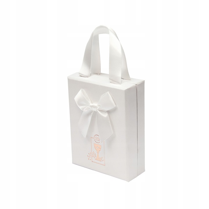 PAMIĄTKA KOMUNII ŚWIĘTEJ / ELEGANCKIE PUDEŁKO PREZENTOWE Z KOKARDĄ + GRAWER