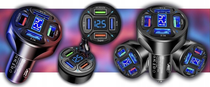 MOCNA SZYBKA ŁADOWARKA SAMOCHODOWA 4x USB PD QC 3.0 66W DO TELEFONU DO AUTA