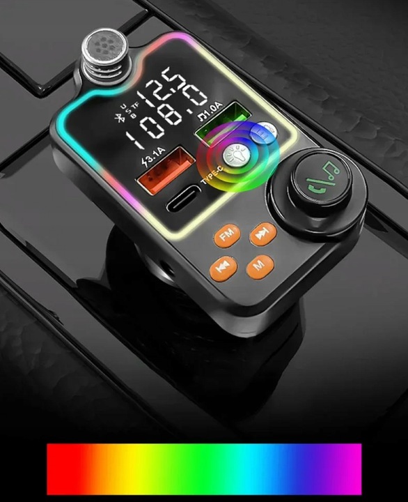 TRANSMITER FM ZESTAW GŁOŚNOMÓWIĄCY BT 5.0 ŁADOWANIE QC 3x USB PD RGB AUDIO