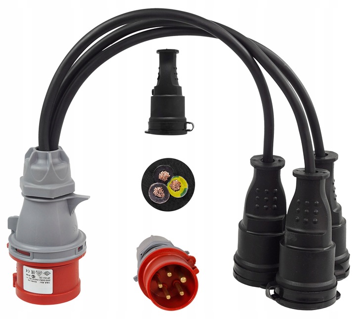 PRZEJŚCIÓWKA Z WTYKU 32A/5 400V NA 3 GNIAZDA 230V