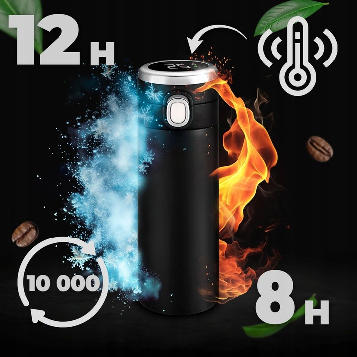 Kubek Termiczny Termos z Ustnikiem Wyświetlaczem LED 400ml Czarny + GRATIS