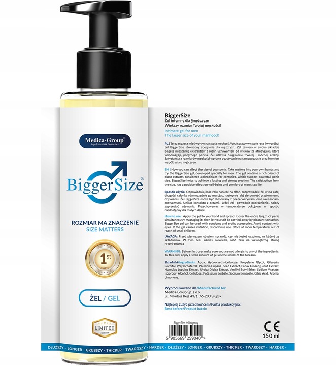 BIGGER SIZE NAWILŻAJĄCY I WSPOMAGAJĄCY POWIĘKSZENIE PENISA GRUBSZY