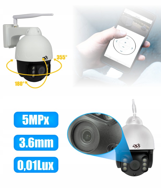 ZEWNĘTRZNA BEZPRZEWODOWA KAMERA WIFI OBROTOWA IP 5Mpx MONITORING DVS LED IR