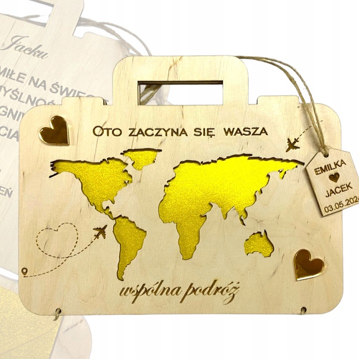 Kartka Na Ślub Ślubna Drewniana kartka Grawer walizka
