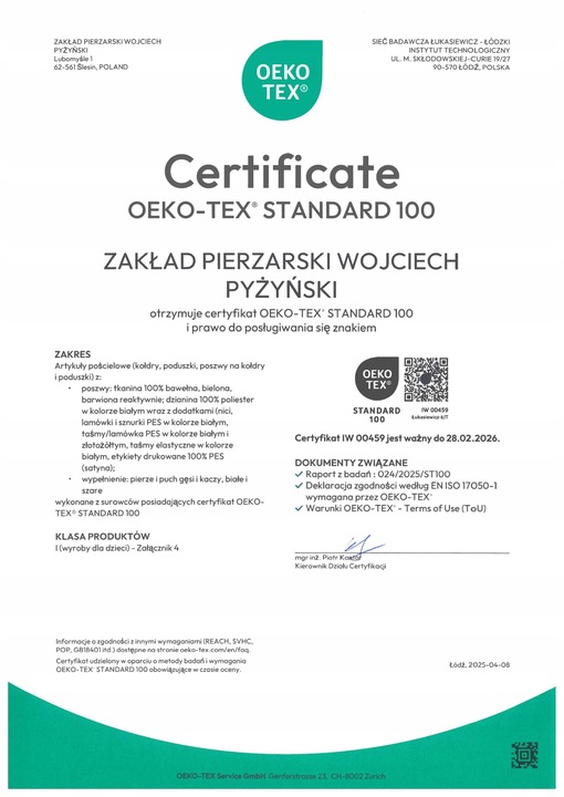 Poduszka puchowa 70x80 1,5 kg KREMOWA lub RÓŻOWA