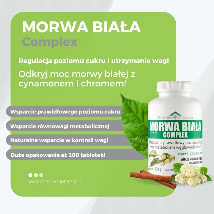Morwa Biała COMPLEX 200 TABLETEK Prawidłowy poziom cukru Chrom Cynamon