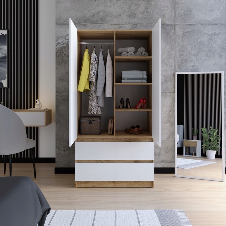 SZAFA DĄB WOTAN BIAŁA GARDEROBA DUŻA NA UBRANIA OTWIERANA 2 SZUFLADY