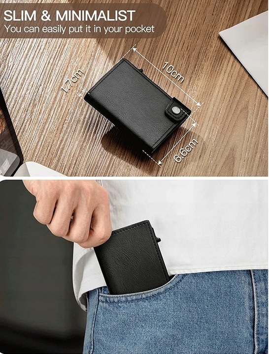 PORTFEL ETUI NA KARTY KREDYTOWE RFID PRZYCISK DO WYSUWANIA KART