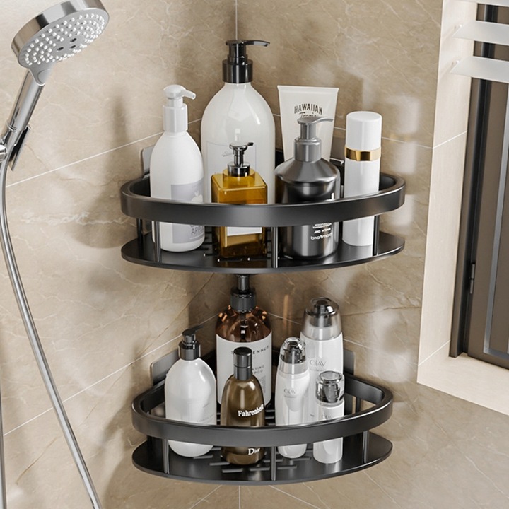 Półka Wisząca Ścienna Metalowa Czarna Łazienkowa Narożna pod Prysznic