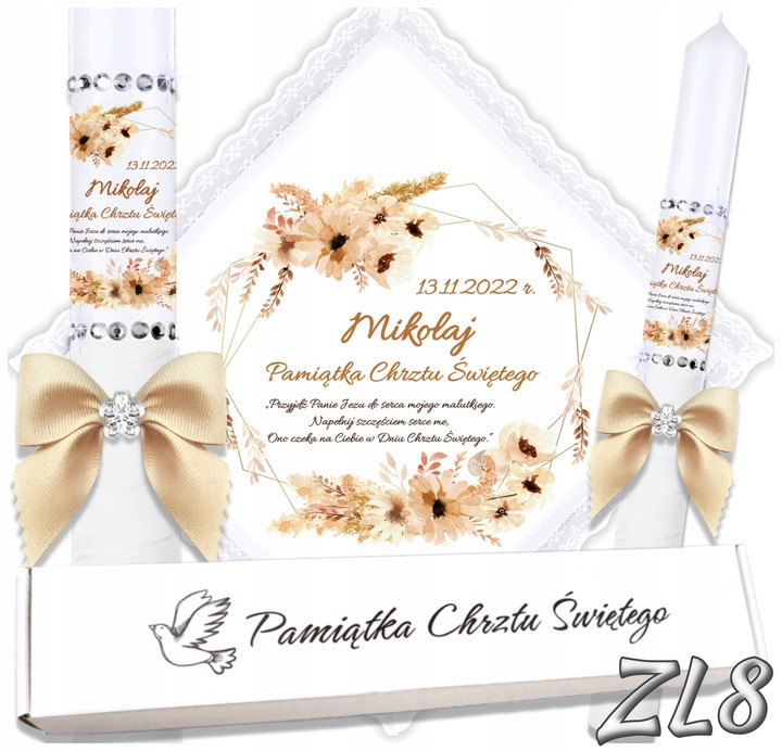 Biała szatka i świeca do chrztu ECO imię i data BOHO gromnica pudełko