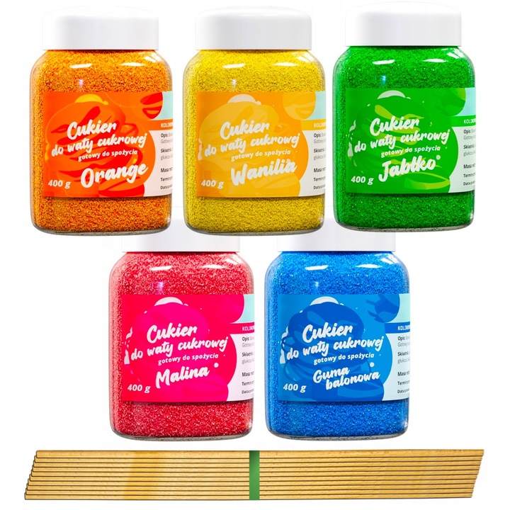 CUKIER KOLOROWY do waty cukrowej 5x400g smakowy MIX gratis 10szt