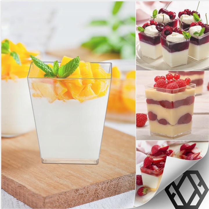 KUBEK PUCHARKI NA PRZEKĄSKI DESERY 120ml 50szt POJEMNIK NA DESER KWADRATOWY