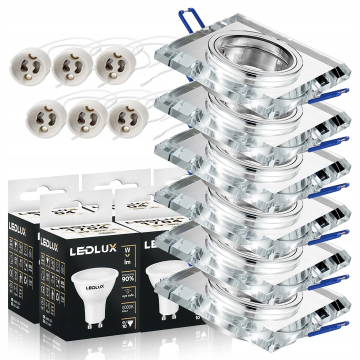 6x oprawa halogenowa SZKLANA kwadrat + LED GU10 5W