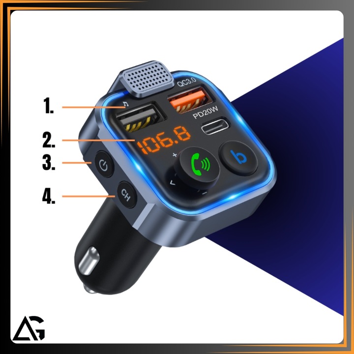 TRANSMITER BLUETOOTH SAMOCHODOWY FM USB 3.0A + 1.0A QC USB-C ŁADOWARKA