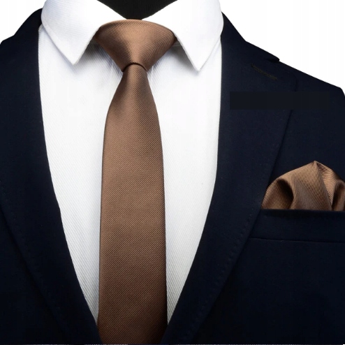 KRAWAT męski brązowy gładki + POSZETKA brązowa prążek + PUDEŁKO