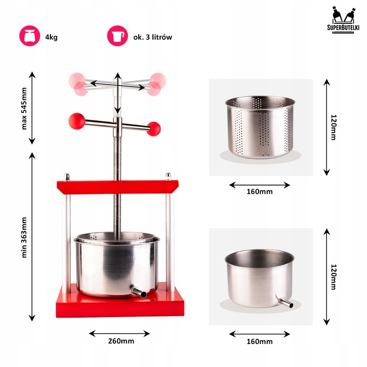 WYCISKARKA PRASA RĘCZNA DO WYCISKANIA OWOCÓW WINA SOKÓW 3L STAL