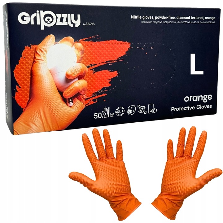 RĘKAWICE ochronne NITRYLOWE GRIPZZLY GRIPY ZARYS pomarańczowe roz.L 50