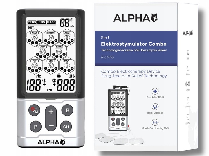 Elektrostymulator mięśni i nerwów TENS EMS MASAŻ 60 prog ALPHA + elektrody