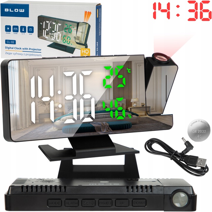 ZEGARY BUDZIK ELEKTORNICZNY CYFROWY Z PROJEKTOREM LED LUSTRO TERMOMETR