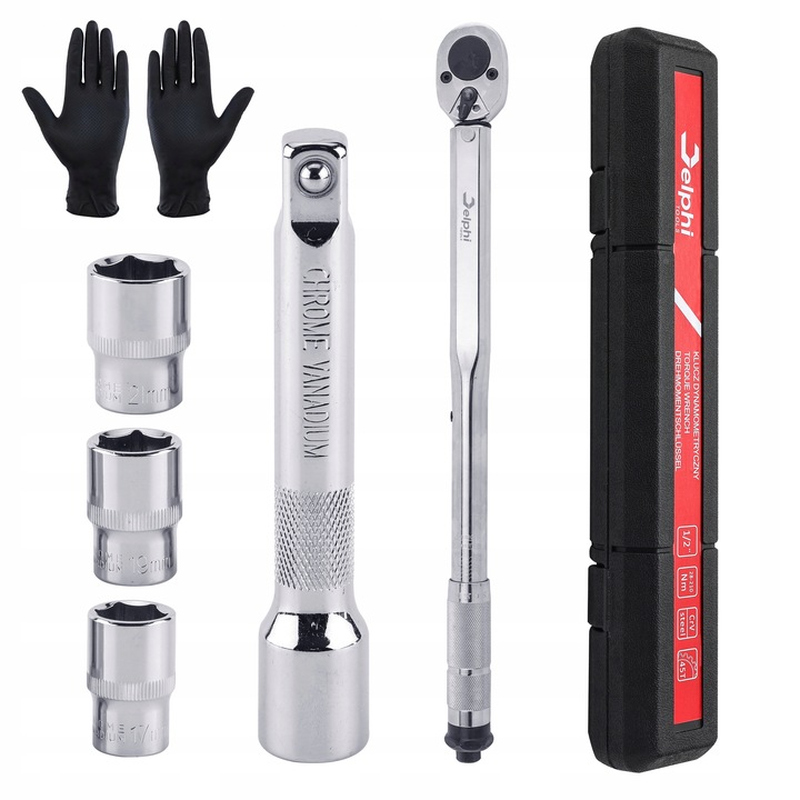 KLUCZ DYNAMOMETRYCZNY 1/2 28-210Nm CrMO & CrV + 3 NASADKI 17,19,21 mm +- 4%