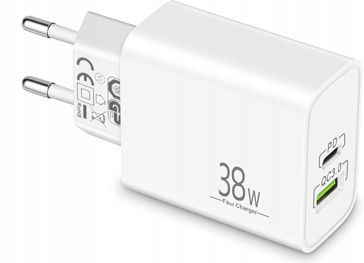 SZYBKA ŁADOWARKA SIECIOWA 38W 2xUSB | Power Delivery PD TYPE-C | USB QC 3.0