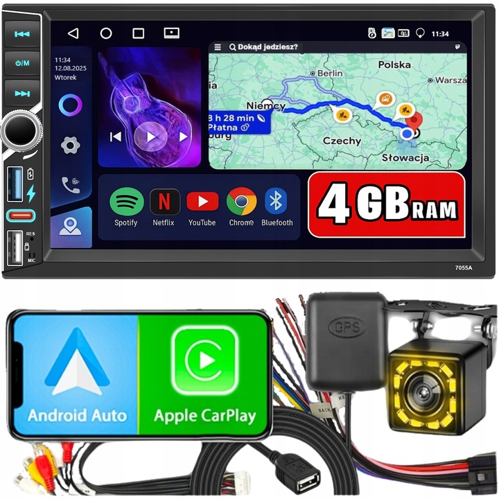 RADIO SAMOCHODOWE 2 DIN 4GB RAM ANDROID AUTO CARPLAY ANDROID 15 RDS
