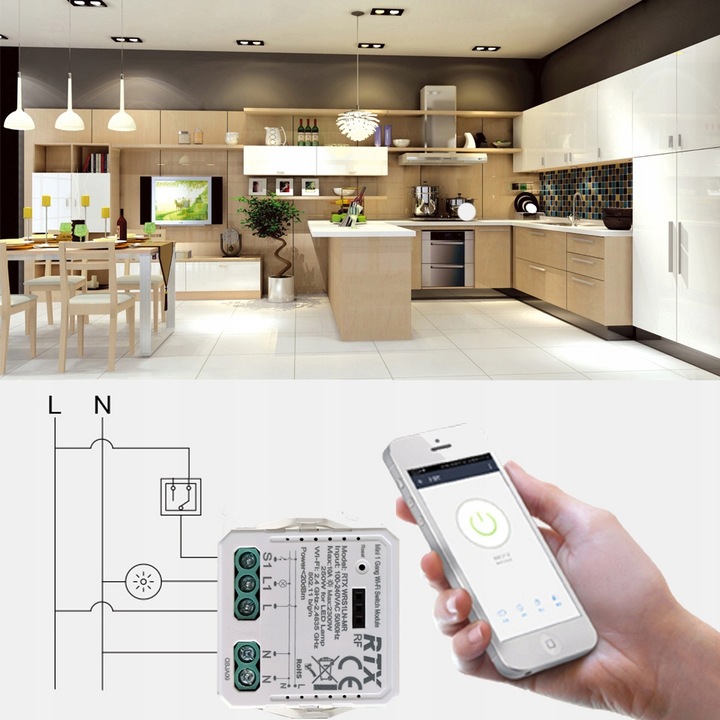 RTX Mini Przekaźnik Sterownik Oświetlenia Moduł 1kanał LN TUYA WiFi