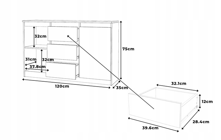 Komoda ANTRACYT WOTAN z szufladami Duza Szafka AGA 120cm do Sypialni