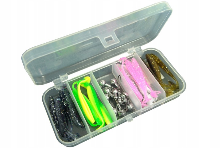 ZESTAW na spinning 25 PRZYNĘT FL 10 główek+ PUDEŁKO OKOŃ SZCZUPAK M 5,5cm