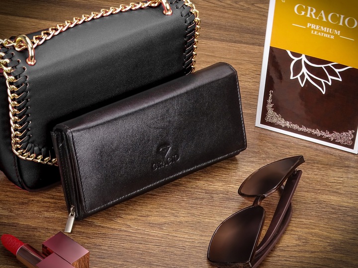 Portfel Damski Czarny Skóra Naturalna Gracio Duży Pojemny PREZENT