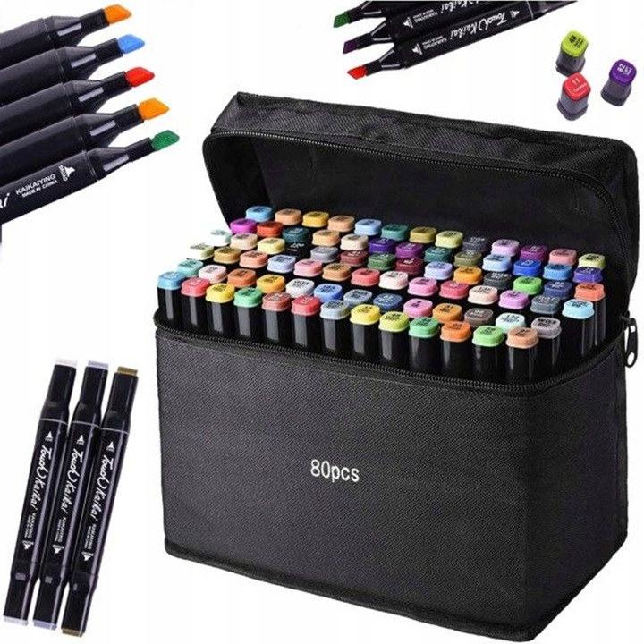 MARKERY ALKOHOLOWE ZESTAW 80SZT FLAMASTRY DWUSTRONNE PISAKI MAZAKI + TORBA