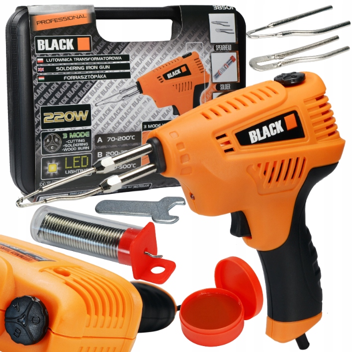 LUTOWNICA TRANSFORMATOROWA 220W 500°C 3TRYBY TEMP. WALIZKA CYNA GROTY LED