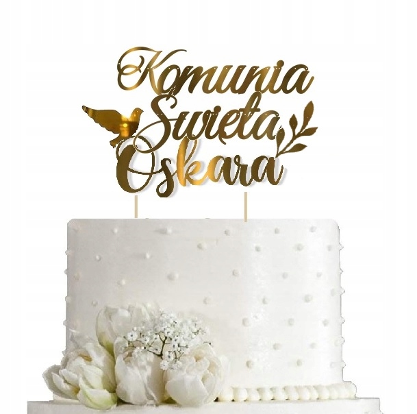 TOPPER dekoracja na tort KOMUNIA Sw. GOŁĄB + IMIĘ