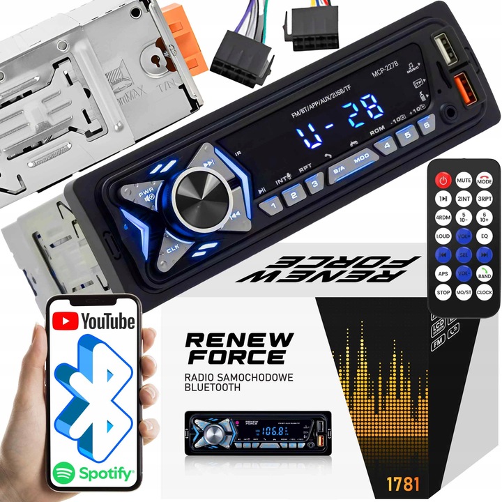 Radio Samochodowe Bluetooth 1-DIN USB AUX MP3 LCD Mikrofon Pilot