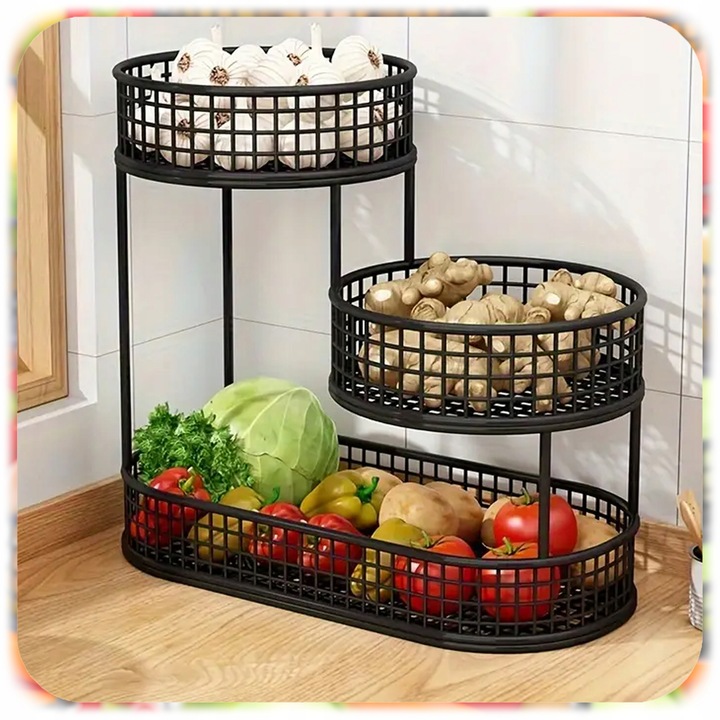 KOSZ NA OWOCE WARZYWA 3 POZIOMOWY METALOWY CZARNY KOSZYK STOJAK