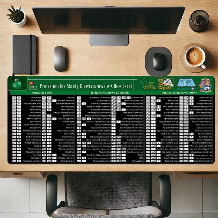PODKŁADKA MATA BIURKO POD MYSZ DUŻA 82,6x35,1cm OFFICE EXCEL SKRÓTY PREMIUM