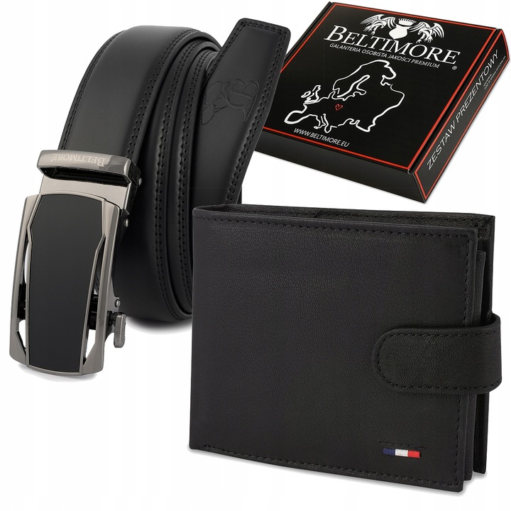 Zestaw prezentowy męski skórzany pasek portfel czarny pudełko