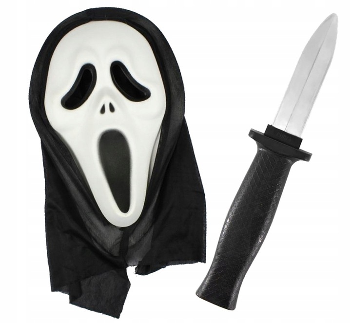 Maska Krzyk na Halloween fałszywy nóż z chowanym ostrzem sztuczna krew