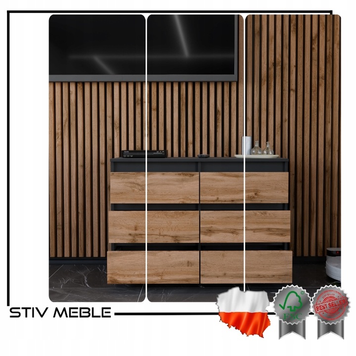 KOMODA Z 6 SZUFLADAMI 100 CM CZARNA DĄB WOTAN POJEMNA SZAFKA RTV LOFT