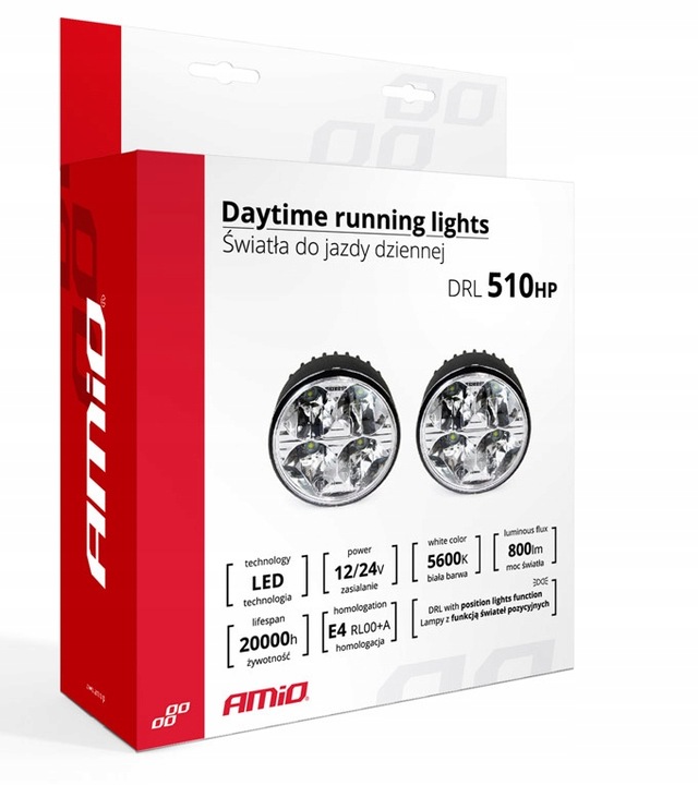 ŚWIATŁA DO JAZDY DZIENNEJ LED DZIENNE OKRĄGŁE DRL 510 HP AMIO 12V / 24V +GR