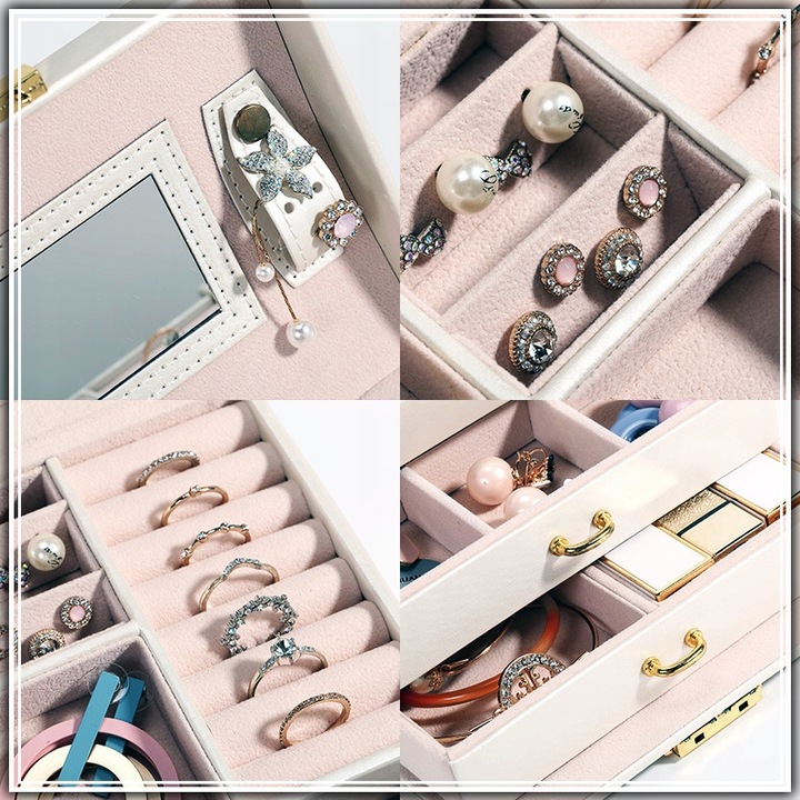 SZKATUŁKA KUFEREK NA BIŻUTERIĘ POJEMNY ELEGANCKI PUDEŁKO Z LUSTERKIEM BIAŁE