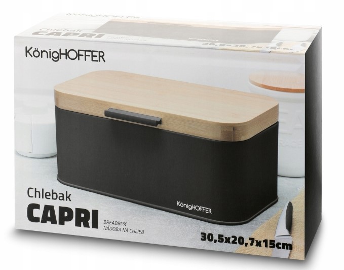 CHLEBAK STALOWY Z POKRYWA BAMBUSOWA POJEMNIK NA PIECZYWO CHLEB BUŁKI Czarny