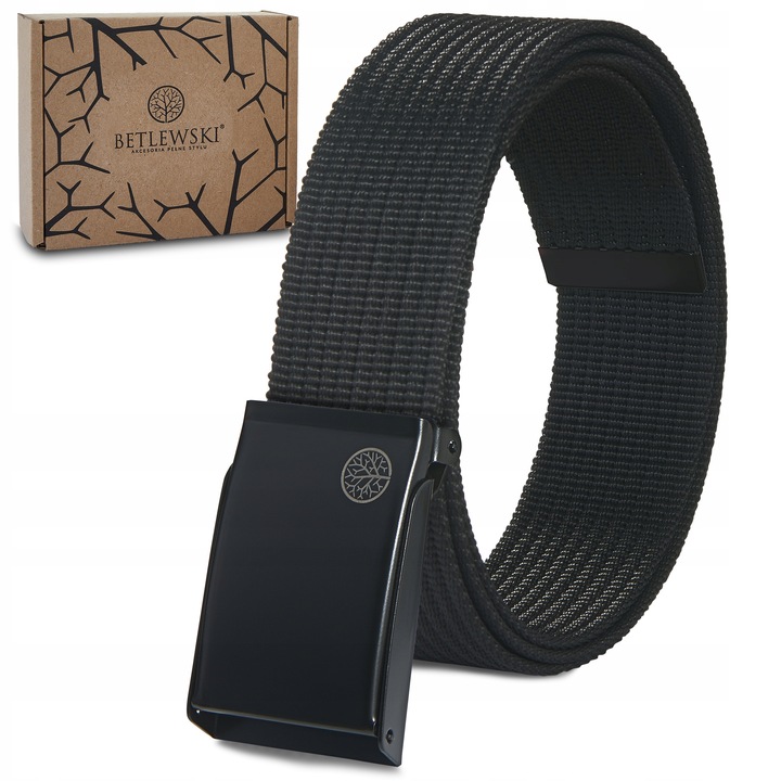 BETLEWSKI pasek do spodni męski parciany pas czarny materiałowy duża