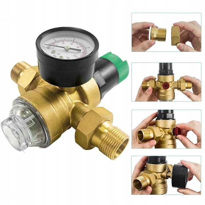 REDUKTOR CIŚNIENIA WODY MOSIĘŻNY 1" DN25 Z FILTREM I MANOMETREM 3/4