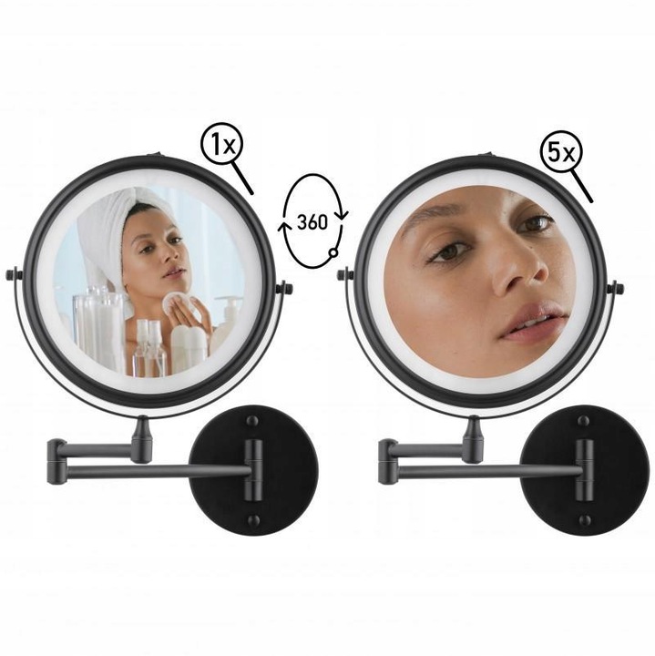 Lusterko kosmetyczne ścienne powiększające do makijażu czarne podświetlane