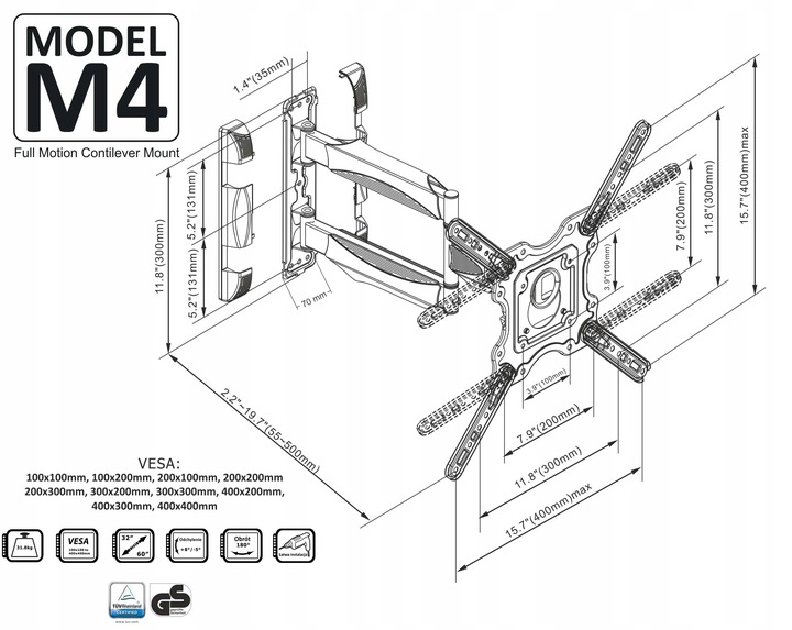 UCHWYT DO TELEWIZORA TV 32-60" CALI WIESZAK UNIWERSALNY OBROTOWY