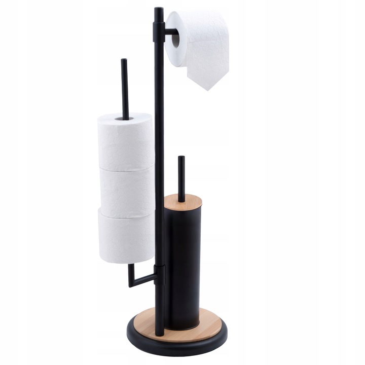 Stojak z uchwytem na papier toaletowy czarny i szczotka do WC bambus zestaw